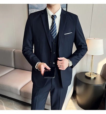 Men's High-Quality 3-Piece Business Casual Wedding Suit Vest Trousers Set Handsome Fashion Banquet Clothing S-6XL
