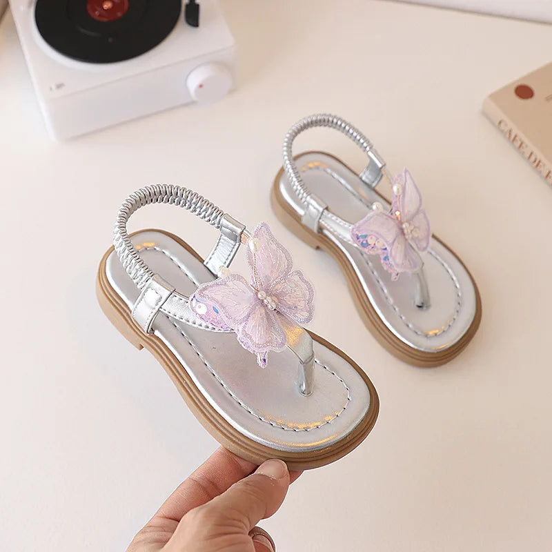 Korean Style Little Girl Sandal Clip-toe Children's Princess Beach Slippers Sweet Lace Butterfly Kids Fashion Flat Sandals New