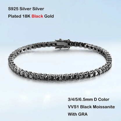 GRA Certified Full 3/4/5/6.5MM Black Moissanite Tennis Bracelet for Men Women S925 Silver Plated 18K Black Gold Bracelets