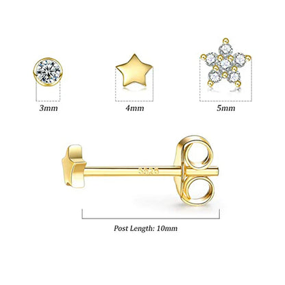 3pcs/set Bling Zircon Earring 925 Sterling Silver Cute Mini Heart Star Stud Earrings Ear Bone Earlobe Piercing Jewerly