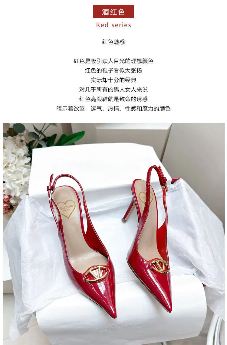 Thin heeled Baotou sandals for women's summer 2026 new style, pointed back strap, metal buckle, versatile high-heeled sandals