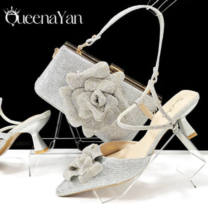 Large Flower Design Shoes & Bag Nigerian Coffee Color Women's Stiletto Shoes For Special Good Time INS Style