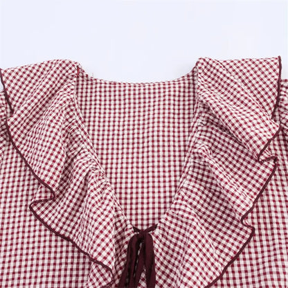 Elegant Fashion Chidori Plaid Ruffles Chiffon Shirt Spring 2025 Ruffled Neck Long Butterfly Sleeve Loose Tops Women's Clothing