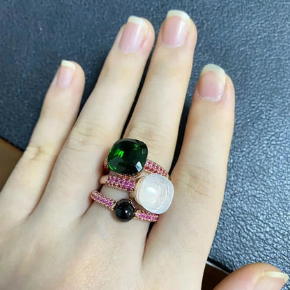 Conjunto de 3 anéis empilháveis ​​Nudo para mulheres, conjunto com cores mistas, cristais tipo bala incrustados, zircônia, ametista, topázio azul, joia redonda, presente
