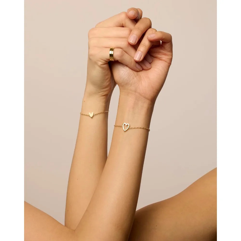 14K Gold Plated Heart Solitaire Bracelet Set – Adjustable Matching Pair for Best Friends or Couples