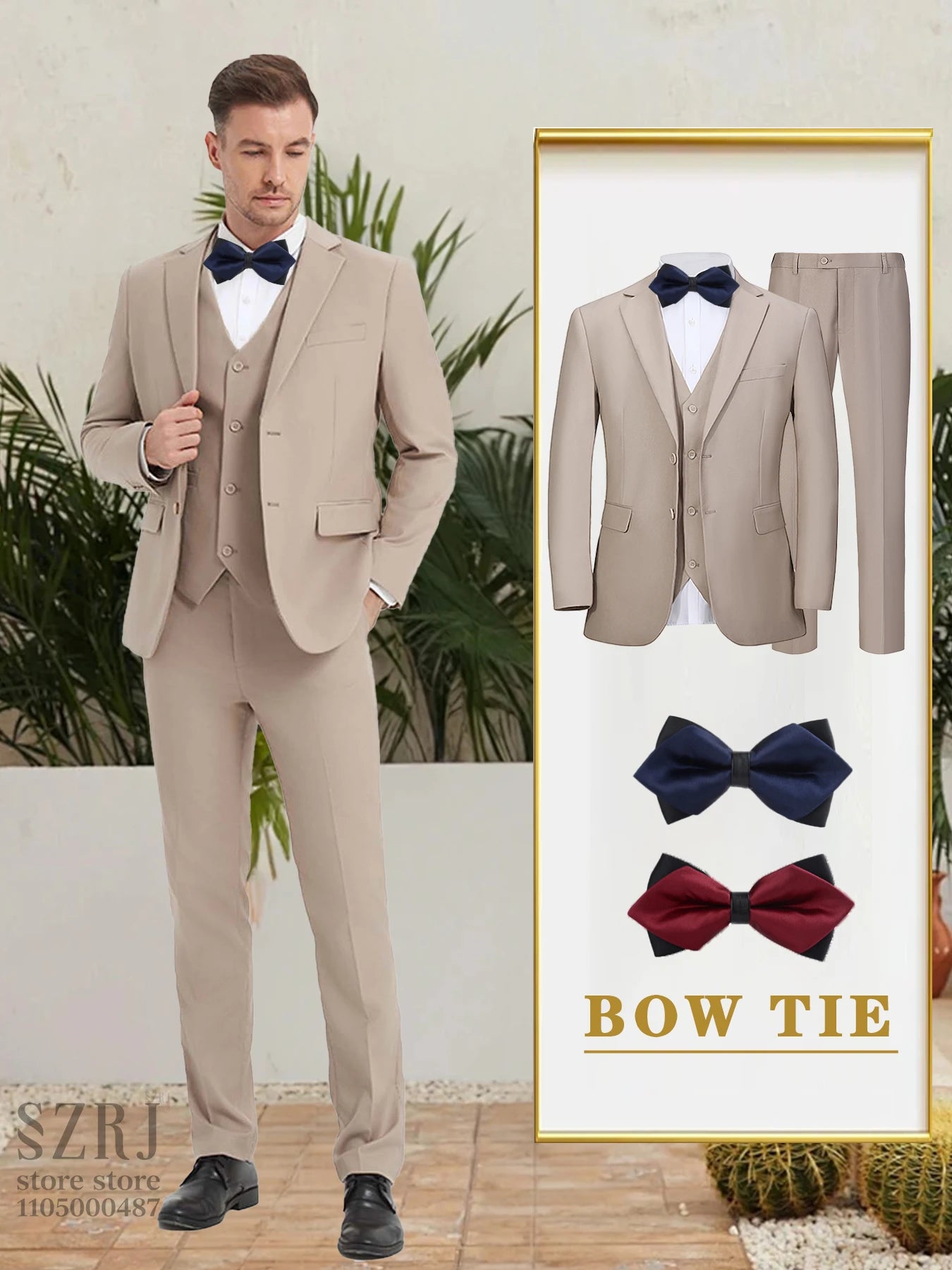 Men's 5-Piece Business Suit Set: Jacket+Vest+Pants+2 Bow Ties (Red+Blue).Premium, Tailored， For Parties, Weddings, Business.
