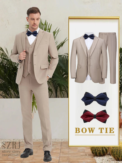 Men's 5-Piece Business Suit Set: Jacket+Vest+Pants+2 Bow Ties (Red+Blue).Premium, Tailored， For Parties, Weddings, Business.