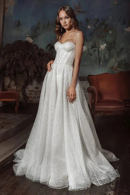 Beach Glitter Wedding Dress V Neck Party Bridal Dresses Vestido De Noiva Gelinlik Arabic mariee Shiny Bridal Gowns