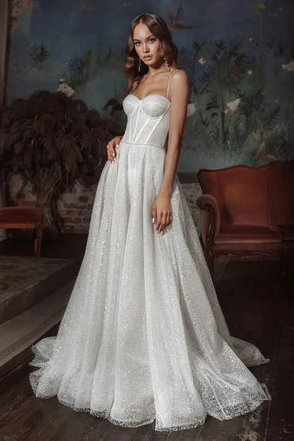 Beach Glitter Wedding Dress V Neck Party Bridal Dresses Vestido De Noiva Gelinlik Arabic mariee Shiny Bridal Gowns