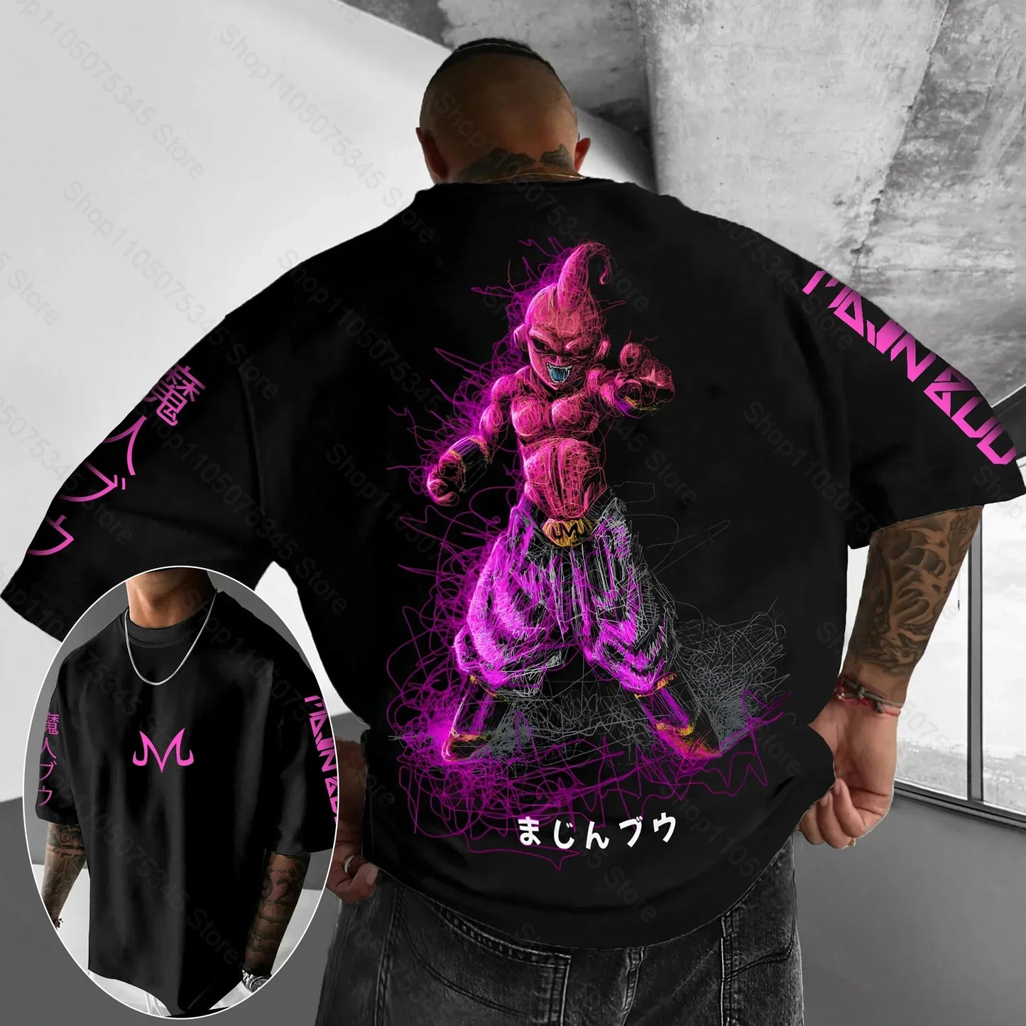 Oversized T-shirt High Quality 100% Cotton Kid Goku with Power Pole Line Art Print UnisexCasual Y2K