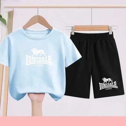 Lion Alphabet Print Kids Summer T-shirt Boys Girls Toddlers 3-12 Years Top+ Shorts 2P Outdoor Sports Clothes Fashion Leisure Set