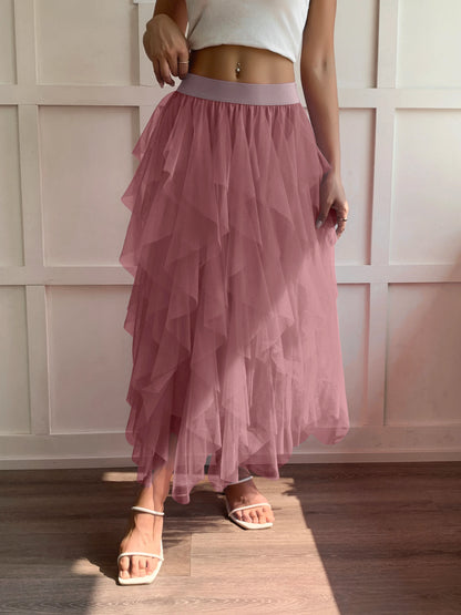 Medium waist chiffon long skirt for women, irregular layered pleated edge layered cake skirt, elegant fairy A-line skirt