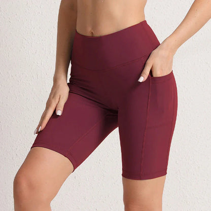 Women Yoga Shorts with 3 Pockets Seamless Gym Fitness Tights Elastic Cycling Shorts Female Solid Color Leggings