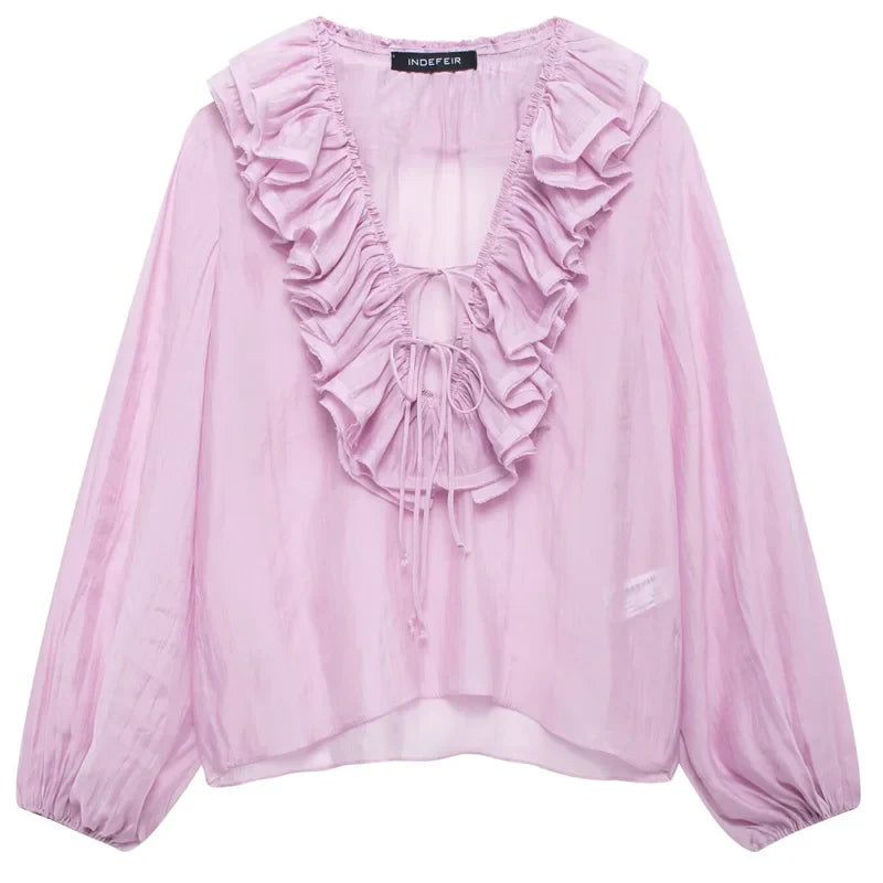 Woman 2025 Oversized Frill Blouse Spring Shirts & Blouses See-Through Chiffon Long Sleeve Top Layered Plus Size Shirts 066