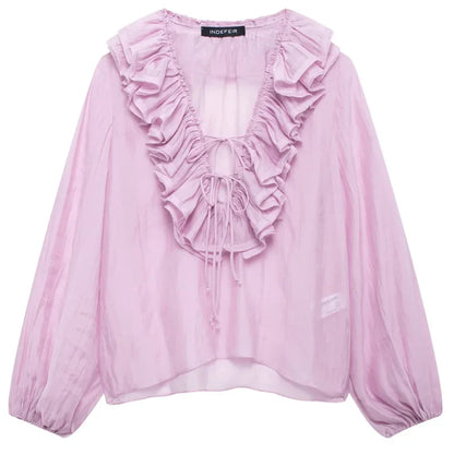 Woman 2025 Oversized Frill Blouse Spring Shirts & Blouses See-Through Chiffon Long Sleeve Top Layered Plus Size Shirts 066