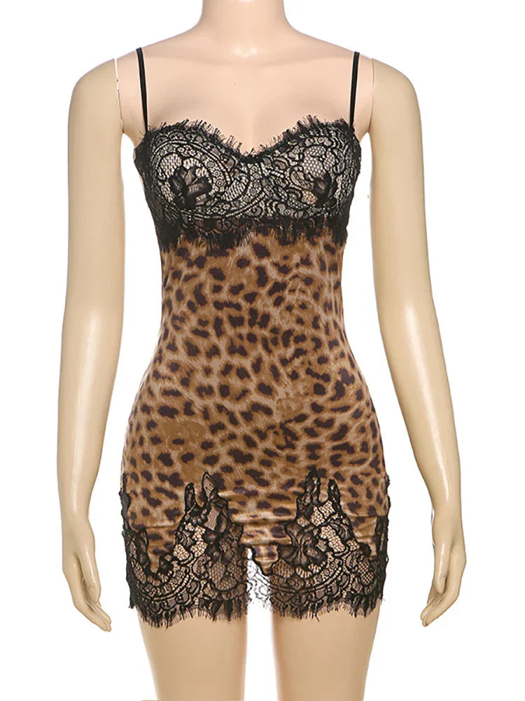 Patchwork Printed Leopard Lace Women Mini Dress Spaghetti Strap High Waist Dress Summer Slim Elegant Party Club Dress