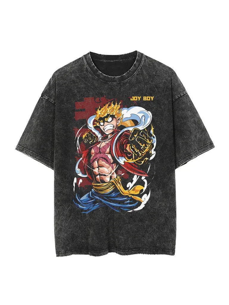 Anime Retro Washed Printed T-shirt for Men and Women 2025 Popular Summer Street Casual Short-sleeved Crew Neck Top