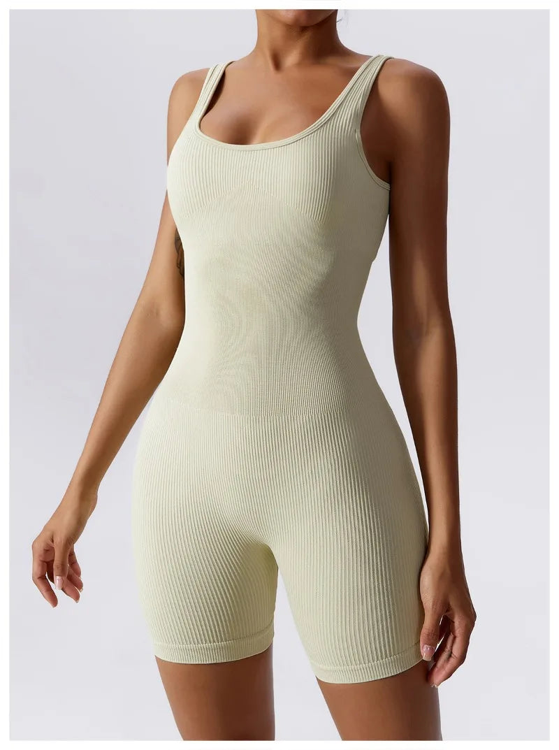 Women's Yoga Rompers One Piece Tummy Control Seamless Ribbed Jumpsuit Padded Sports Bra Workout Romper Fashion Fitness Sportwear