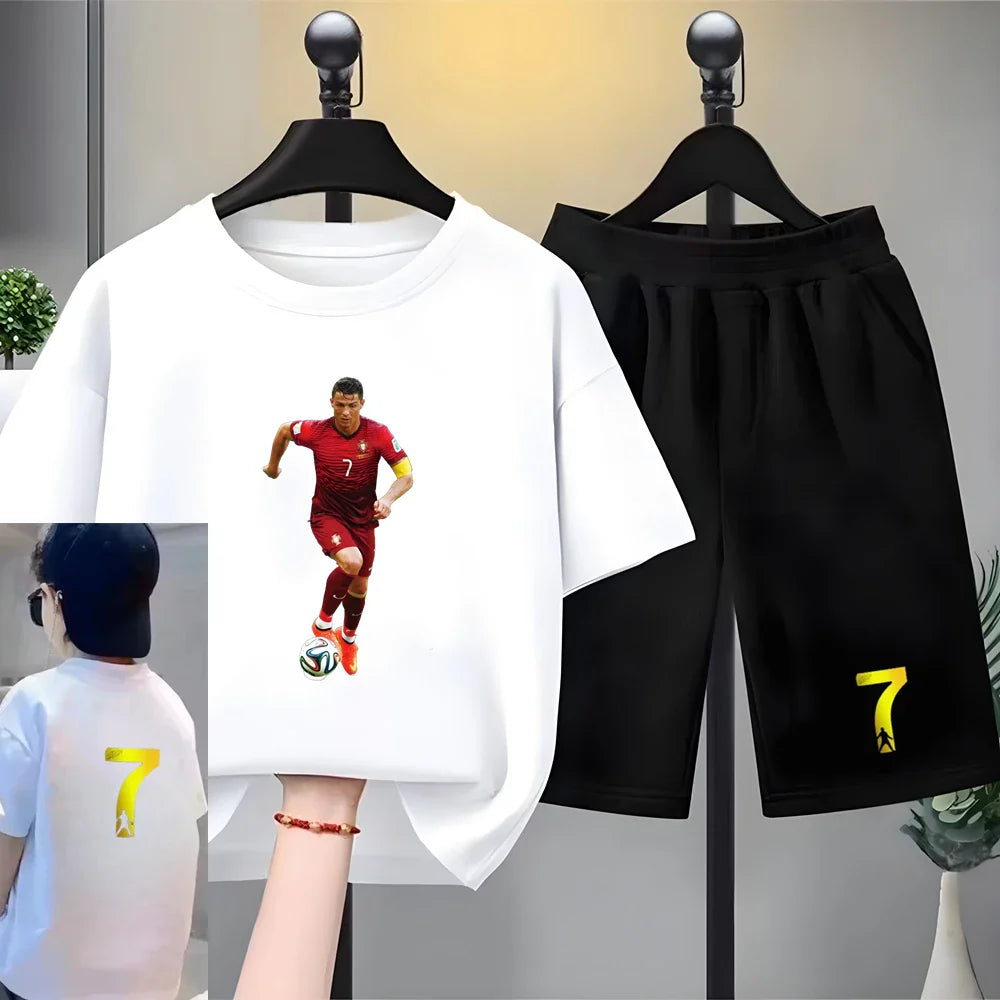 Children Football Player Player No. 7 Print Clothing Short-sleeved T-shirt+Shorts Boys Girls Toddler 3-12Yrs Sports Set Summer