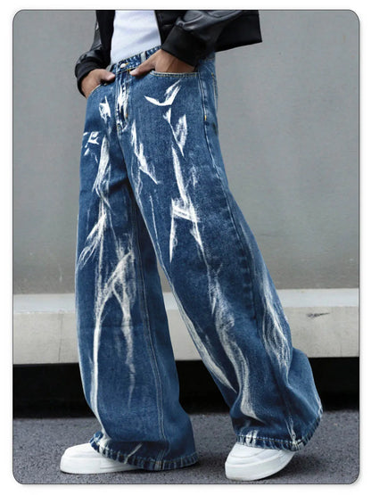 Four Season Men's Baggy Straight Wide-Leg Jeans Personalized Design Tie Dye Denim Pants Baggy Unisex Daily Casual Men's Clothes