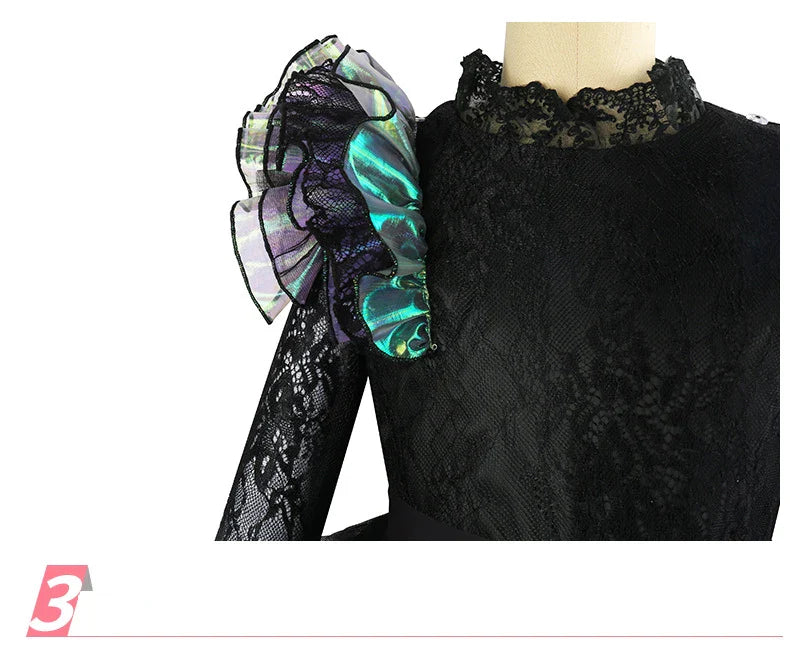 Halloween Witch Elphaba Costume Kids Purim Fantasy Outfits Girls Fancy Sets Children Long Sleeve Lace Ruffles Black Party Gown
