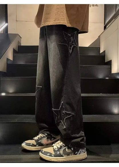 Star Embroidered Straight Casual Men's Jeans Y2K Gothic Unisex New Wide-leg Loose, Comfortable Fashionable Youth Street Jeans