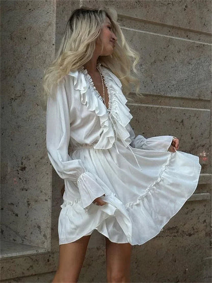 White Ruffle Bandage Mini Dress Women's Elegant Patchwork Long Sleeve Dress New Slim V Neck Lace Up Summer Mini Dress