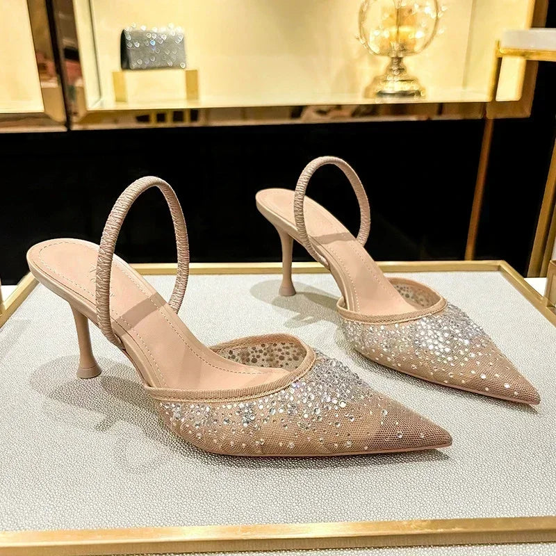 Luxury Designer Shiny Rhinestone High Heels Shoes for Women Summer Sexy Pointed Toe Pumps Elegant Slingbacks Heeled Sandals
