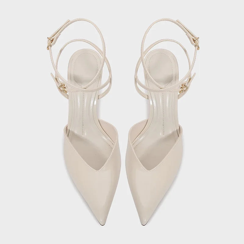 Elegant Pointed Toe Ankle Strap Brand Pumps Women High Quality Patent Leather Buckle Thin Heel Slide Sandals Banquet Dress Shoes