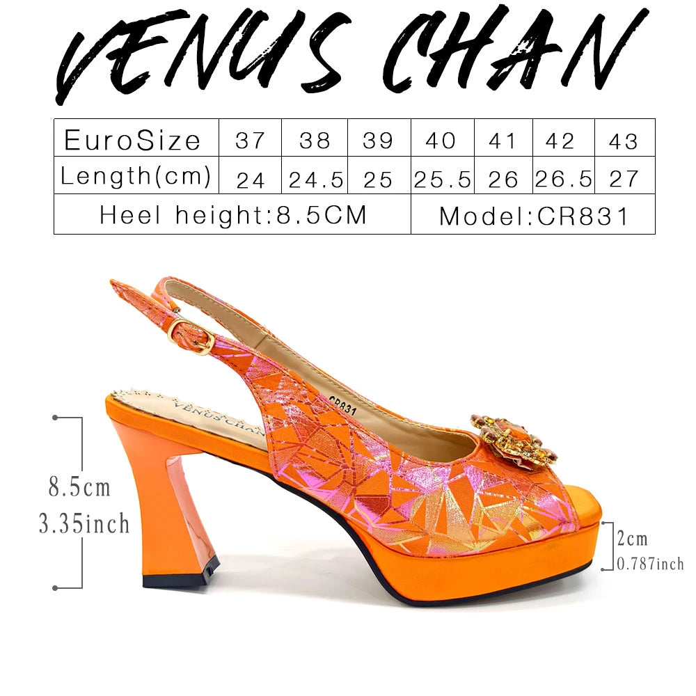 Elegant Women Heels for Peep Toe Good Material Design Rhinestone Fuchsia Sandals Italian Shoes and Bags Matching Set 2025