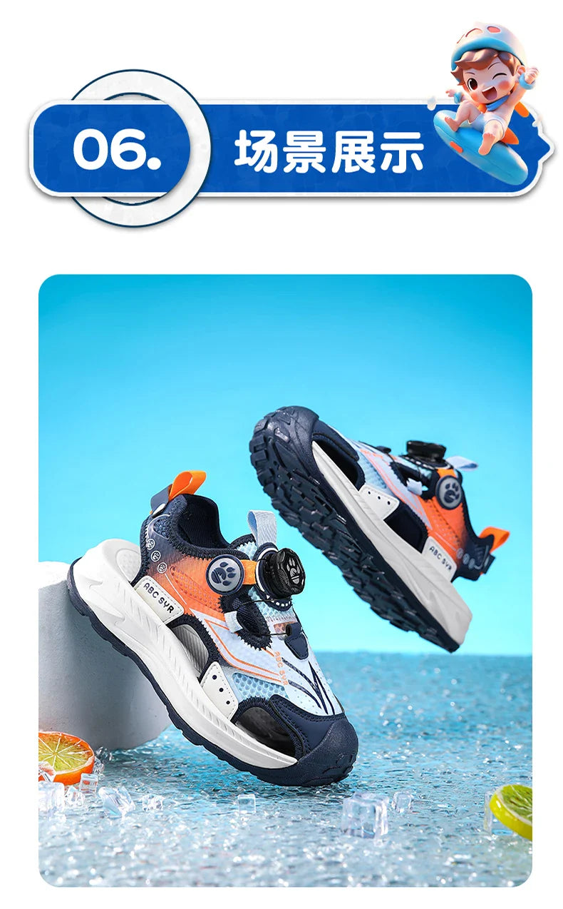 Kids Rotating Button Closed-Toe Sandals, Breathable Mesh Sport Shoes for Boys, Non-Slip Adjustable Summer Beach Sneakers