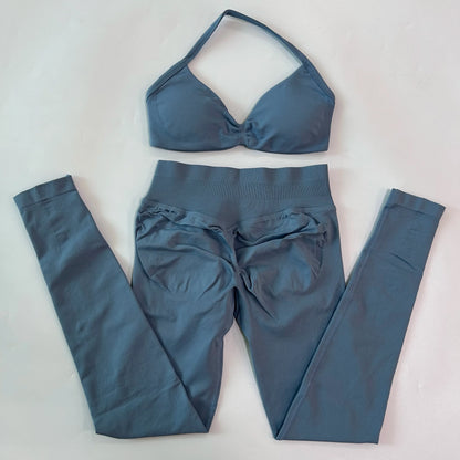2 Pieces Set For Woman Strappy Yoga Bra Sports Top Workout Leggings Set Seamless Gym Set Fitness Clothes Outfit Activewear