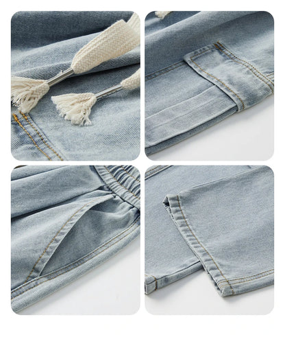 Large Pocket Baggy Solid Jeans Men's 2026 New Spring Classic Straight Denim Trousers Street Y2K Elastic Waist Casual Cargo Pants