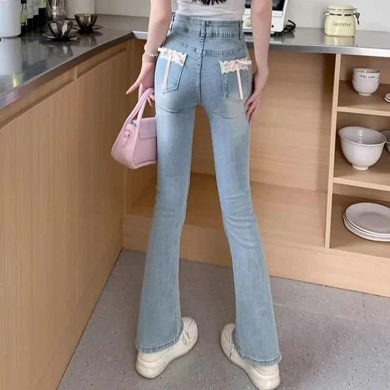 Girls Sweet Lace Bowknots Decoration Blue Flare Jeans