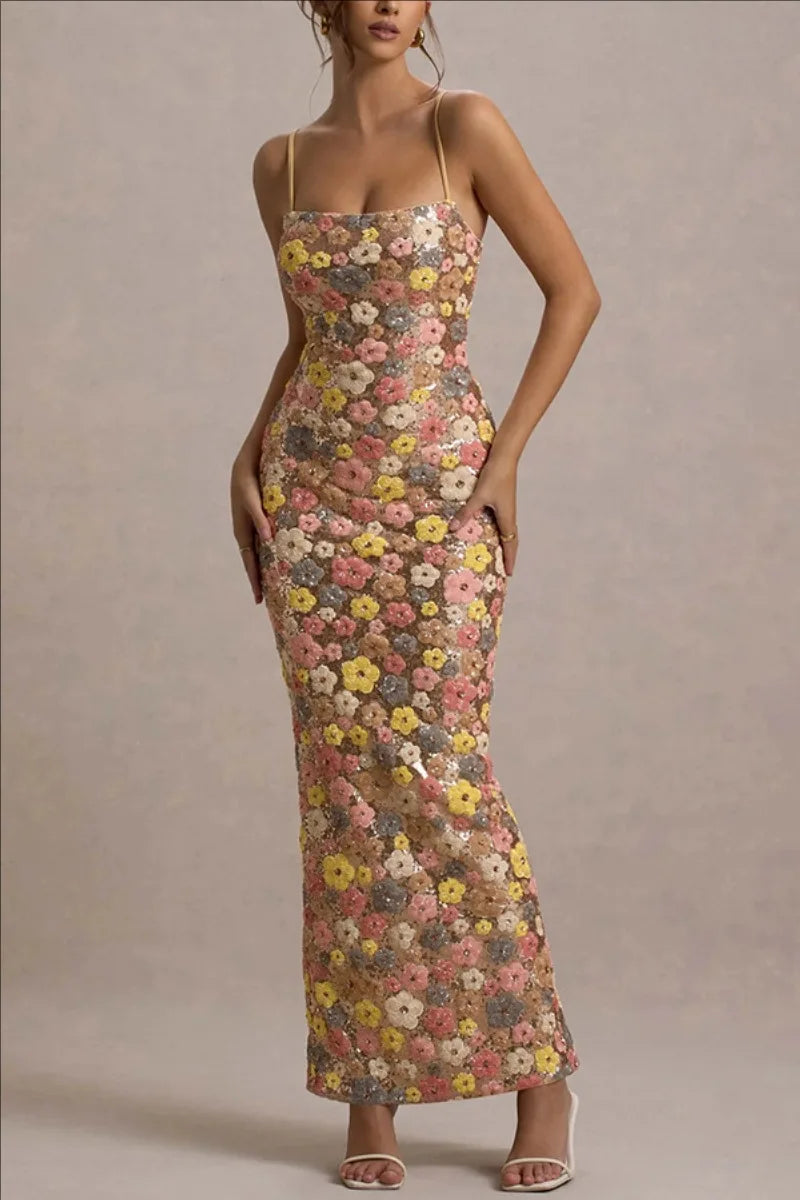 Women Flowers Sequin Patchwork Slim Party Long Dress Strapless Fashion Maxi Dress, Sexy Sleeveless Ladies Dress Vestidos
