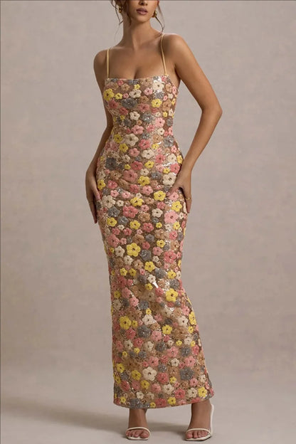 Women Flowers Sequin Patchwork Slim Party Long Dress Strapless Fashion Maxi Dress, Sexy Sleeveless Ladies Dress Vestidos