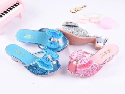 Girls Summer Sandals Slipper Sequined Princesse Children High Heel Party Dress Shoes Leather Slipper For Kids Slides