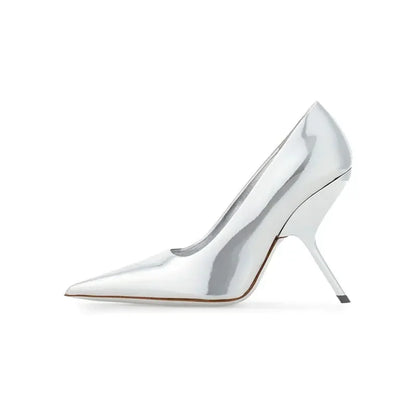 Brand Fashion Show Silvery 9cm High Heel Spring Autumn New Irregular Heels Black Red Pointed Sexy Women's Single Shoes Size 43