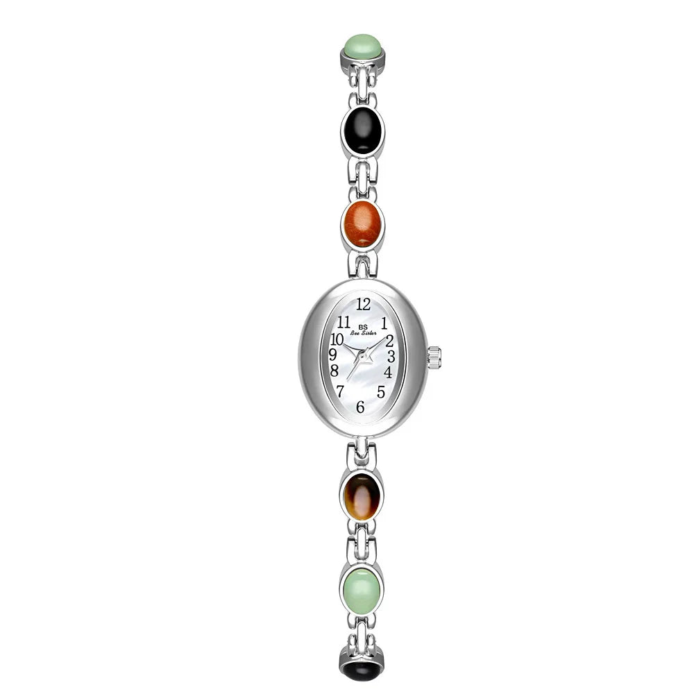 Women's watch Vintage Natural Colorful Jade Bracelet Wristwatches Clock,Luxury Elegant Small Oval Dial Quartz Watch Waterproof