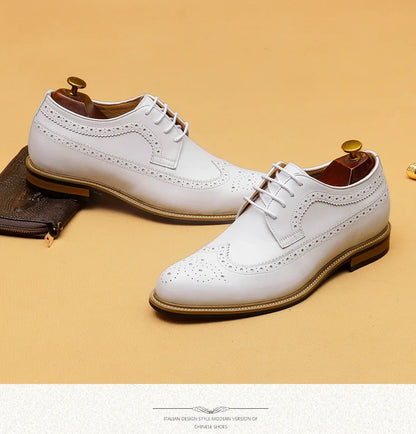 Luxury Men's Dress Shoes Genuine Leather Brogue Wingtip Toe Oxford White Lace-Up Business Wedding Formal Men Shoes
