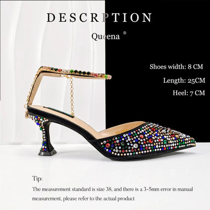 African popular pointed toe shoes anklet design and metal handle soft small bag high heels party shoes for women