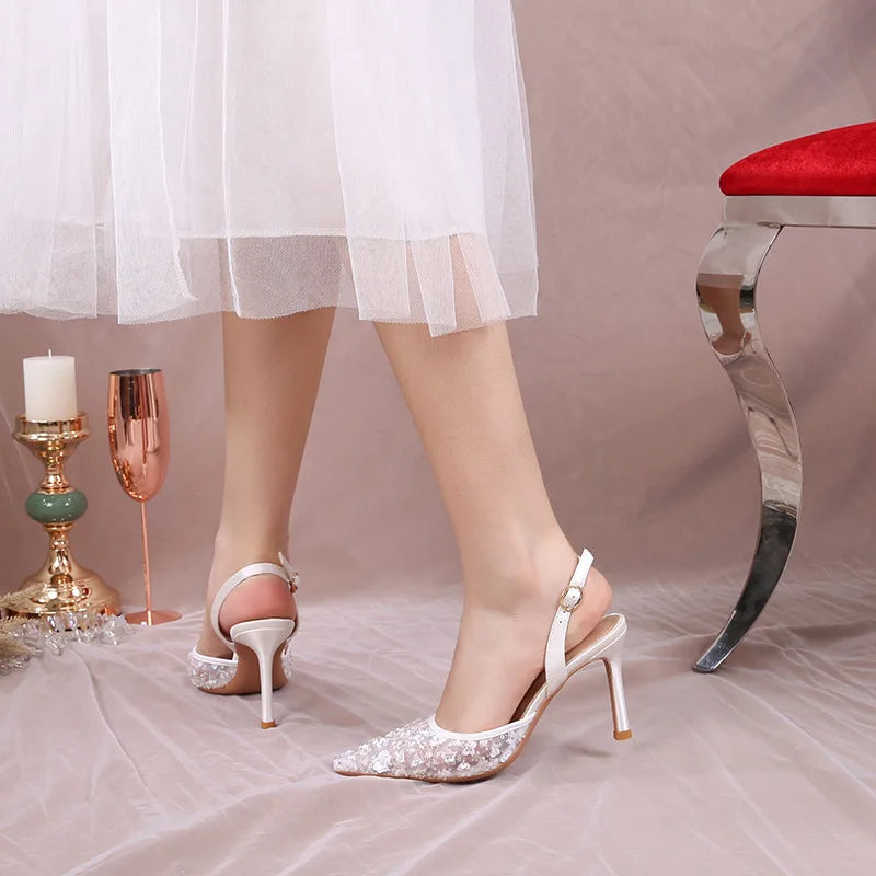 Size 34-42 2025 Summer Beaded High Heel Wedding Shoes Women Lace Mesh Party Dress Shoes