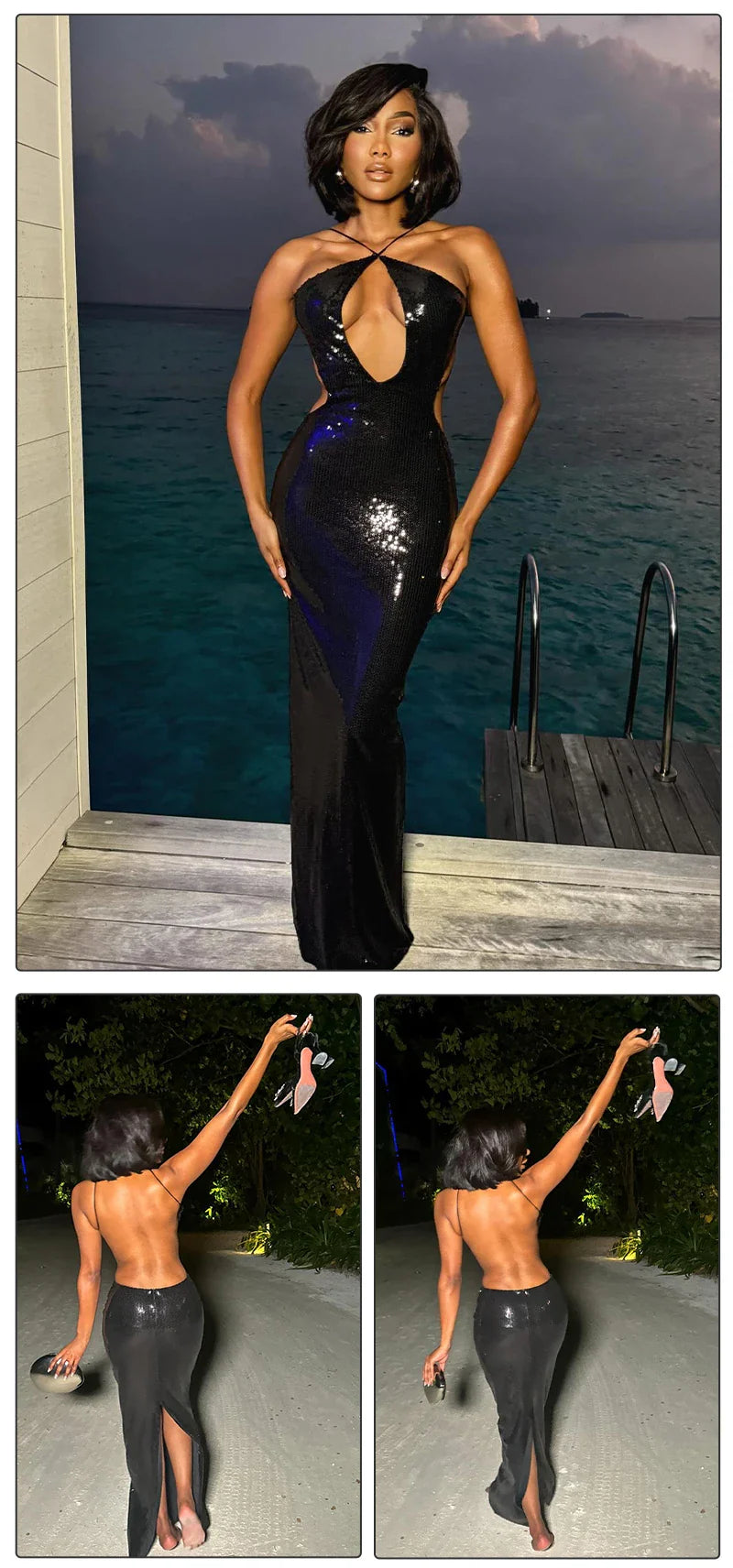 Women'S Gold Sequins Luxury Party Gown Sexy Backless  Long Dress For Wedding Banquet Party Female Clothing