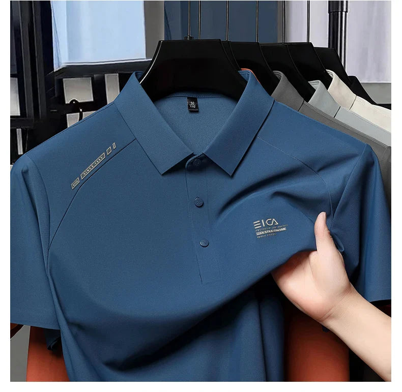 High quality ice silk short sleeve polo shirt cool breathable fashion brand letter printed summer casual men's lapel T-shirt