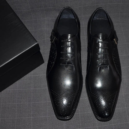Classy Men's Genuine Leather Oxford Dress Shoes Blue Black Lace-up Brogue Pointed Business Wedding Party Formal Shoes for Men
