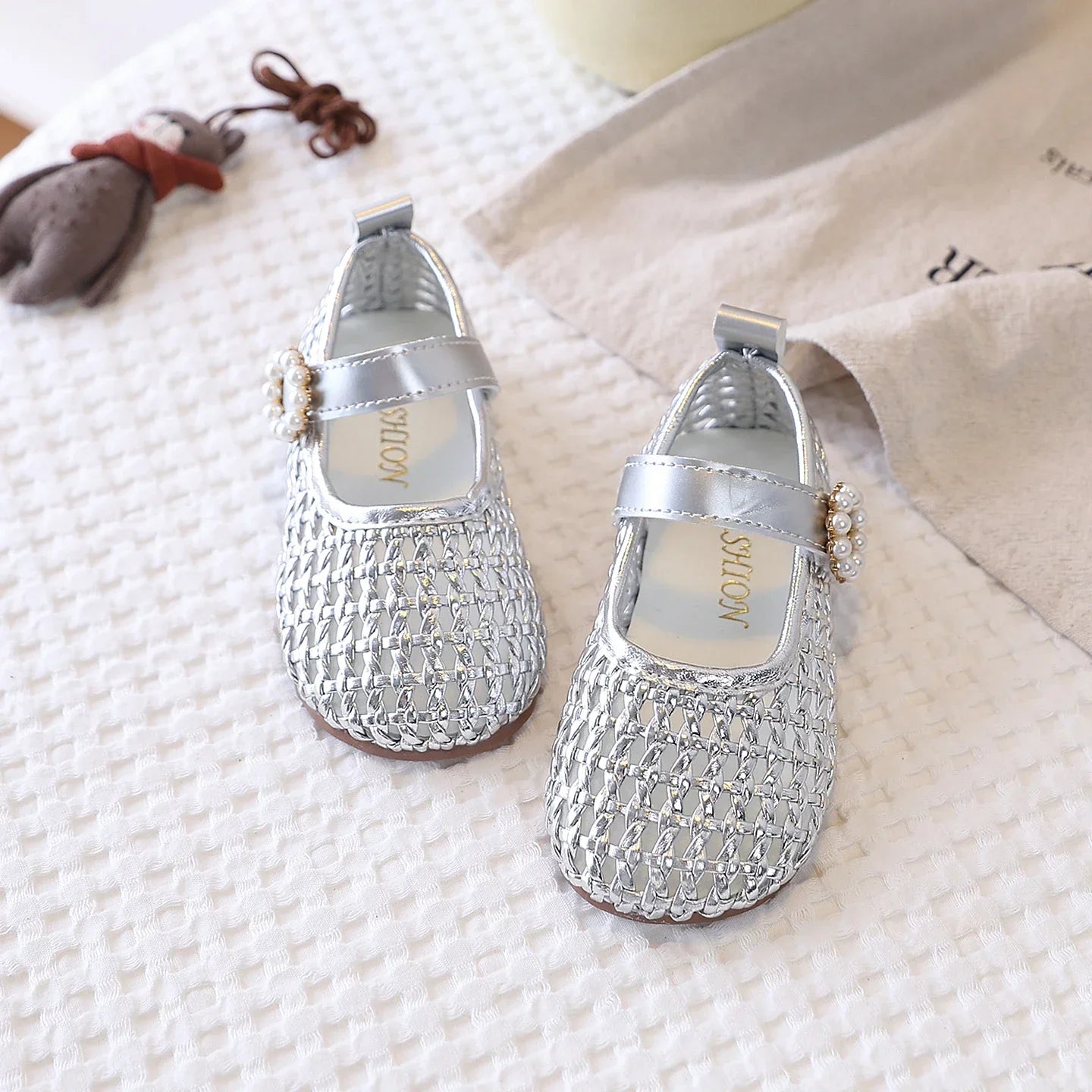 Spring Girl's Sandals Braided Pearl Hook-loop Chic Kid's Flat Shoe Solid Colors Anti-slip Casual Versatile Children Shoes 4-6Y