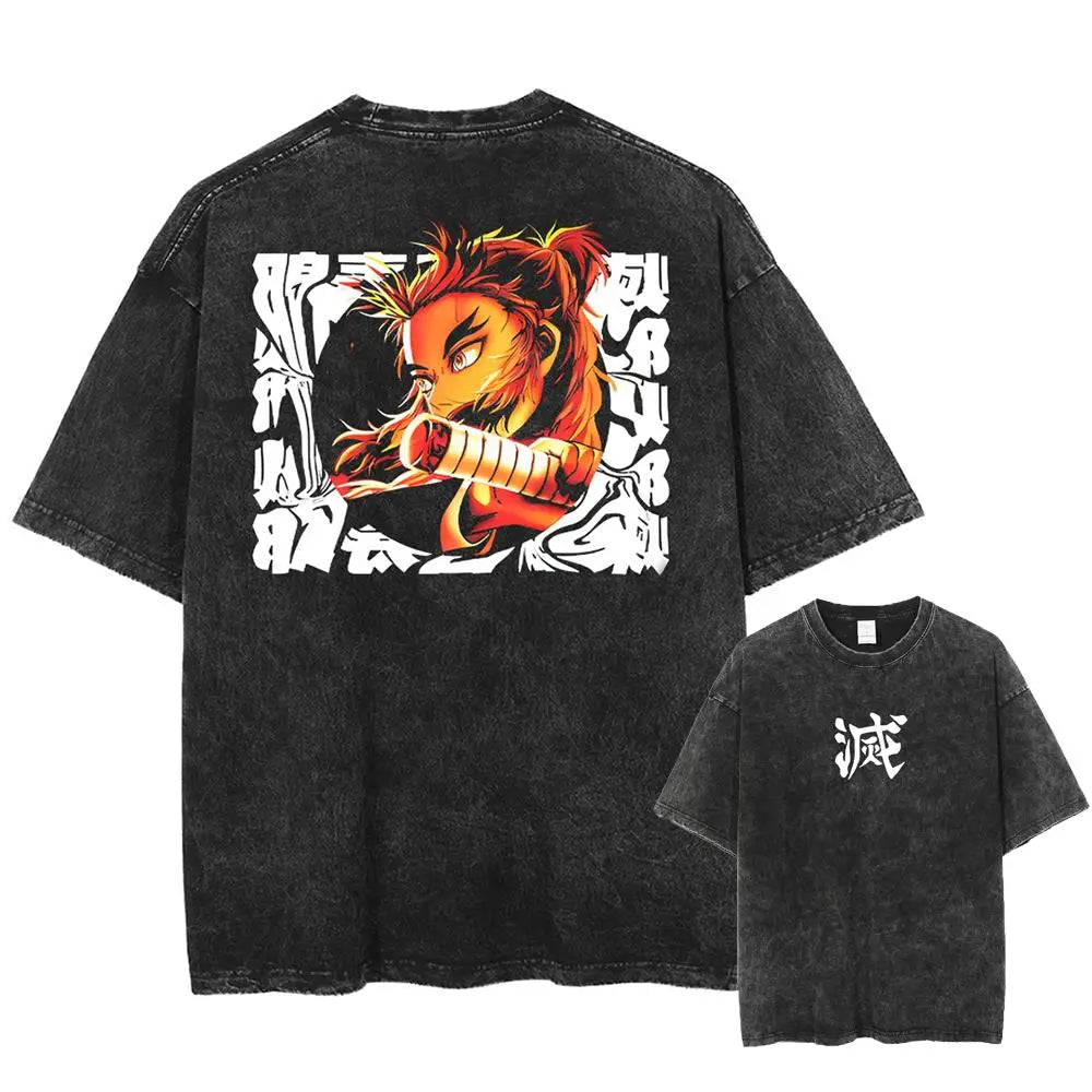 2025 Summer Men's Washes T-shirts Japanese Anime Demon Slayer Kyoujurou Graphic Clothing Harajuku Y2K Oversized Pure Cotton Tops