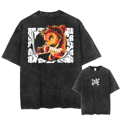 2025 Summer Men's Washes T-shirts Japanese Anime Demon Slayer Kyoujurou Graphic Clothing Harajuku Y2K Oversized Pure Cotton Tops