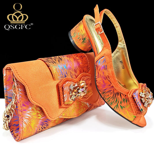 Italian Design Color Matching Rhinestone Comfortable High Heel Shoes And Bag Fashion Style Pointed-Toe Shoes For Women