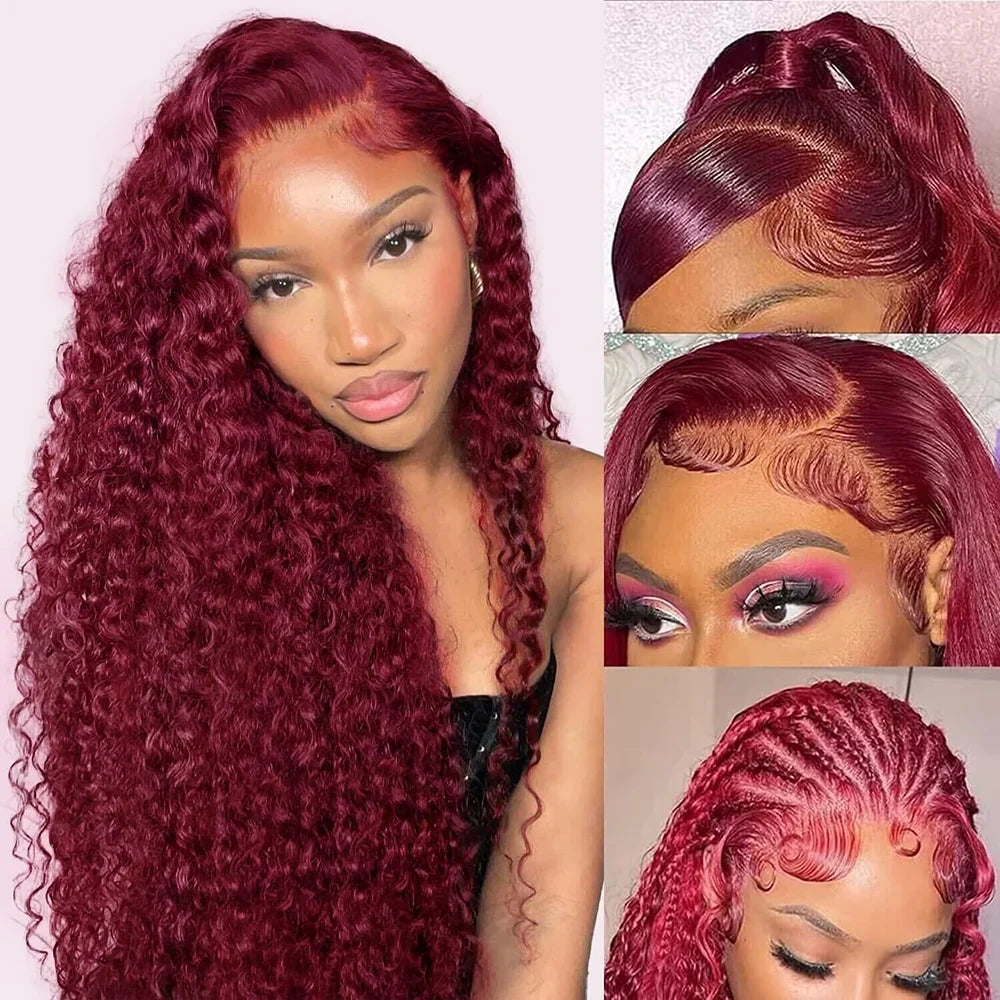 99J Burgundy Lace Front Wigs Human Hair 13x6 Deep Wave HD Lace Frontal Wigs Pre Plucked Human Hair Curly Wigs for Women 36 Inch